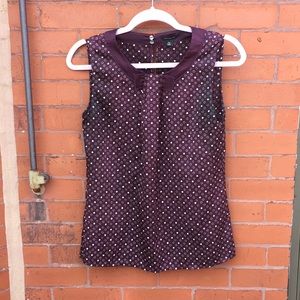 Ann Taylor XS burgundy dot bow sleeveless blouse